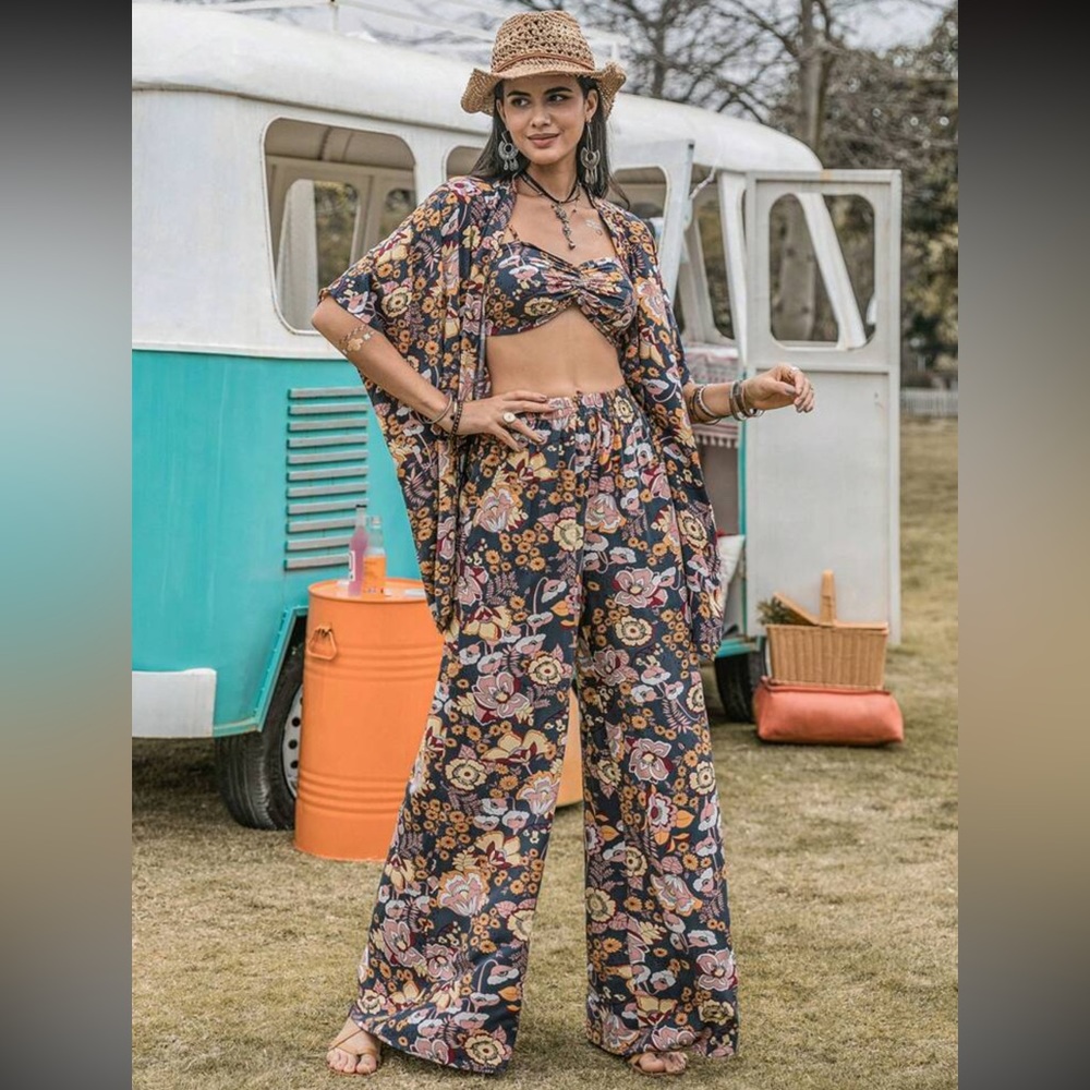 #140• Boho Allover Floral Print Cami Top &Wide Leg Pants &Kimono Set 100%Viscose